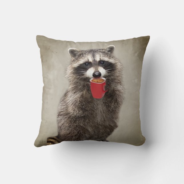 Cojín Decorativo Diversión de arte gráfico Raccoon Bebiendo café Hu (Reverso)