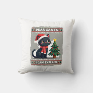 Cojín Decorativo Divertido gato negro de Navidad Querido Santa, pue