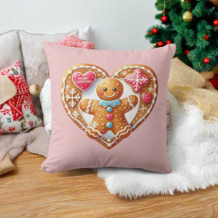 Cojín Decorativo Divertido hombre de pan de jengibre rosado Corazón