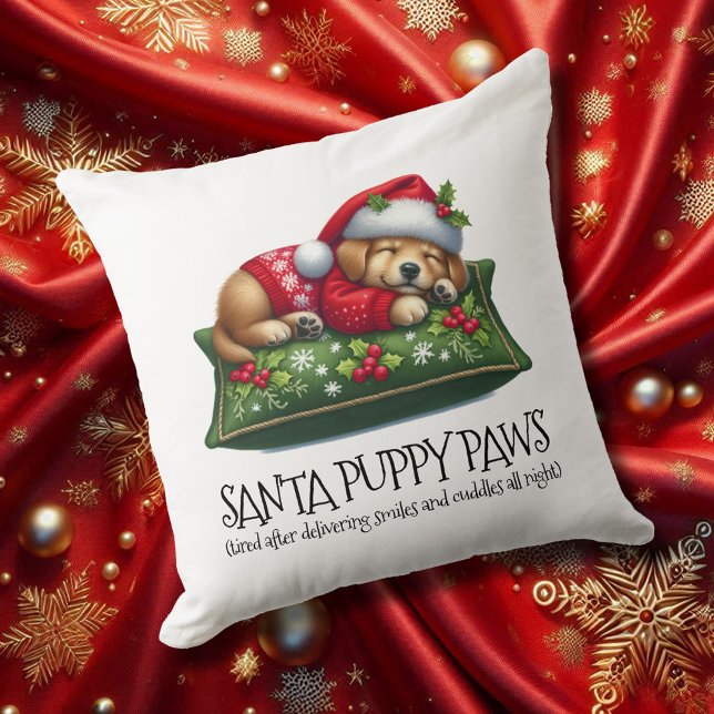 Cojín Decorativo Divertidos trineos de Santa Puppy (Santa Puppy Paws 20x20 Square Christmas Throw Pillow Cover Photo)