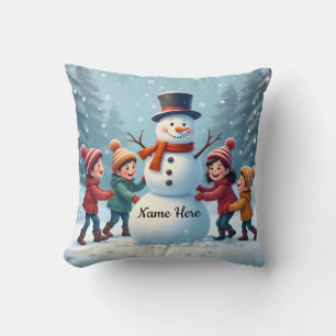 Cojín Decorativo Diviértete de niños y muñeco de nieve