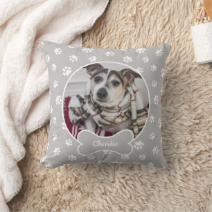 Cojín Decorativo DIY Dog Foto Círculo Nombre Hueso Papas Blancas Gr