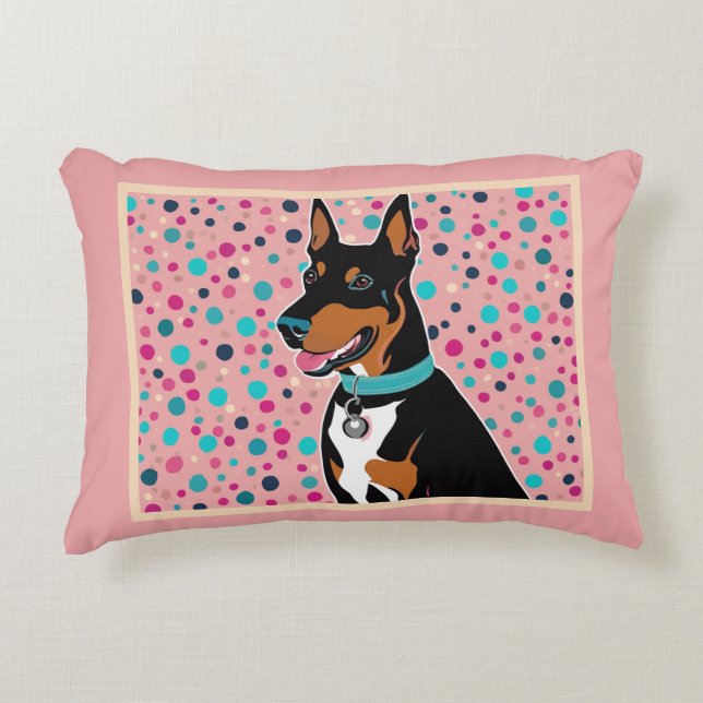 Cojín Decorativo Doberman lindo con collar turquesa en rosa (Anverso)
