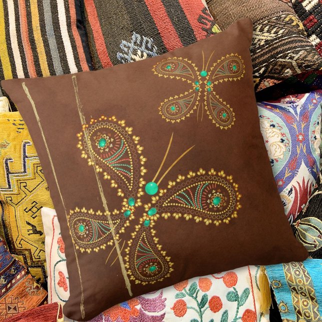 Cojín Decorativo Doble cara de mariposa turquesa marrón Boho (Subido por el creador)
