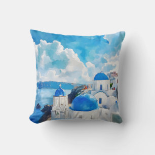 Cojín Decorativo "Dominios azules de Santorini - Arte acuarela"