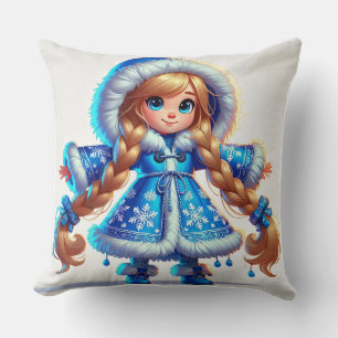 Cojín Decorativo Doncella de nieve adorable con abrigo azul