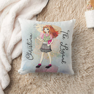 Cojín Decorativo Doodle Chica Con Nombre De Oro De Cabello Rojo
