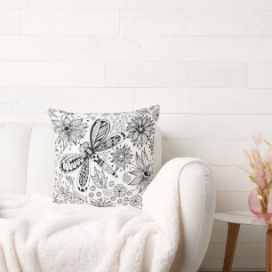 Cojín Decorativo Doodle de libélula y flores