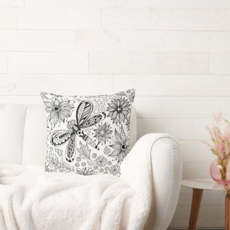 Cojín Decorativo Doodle de libélula y flores