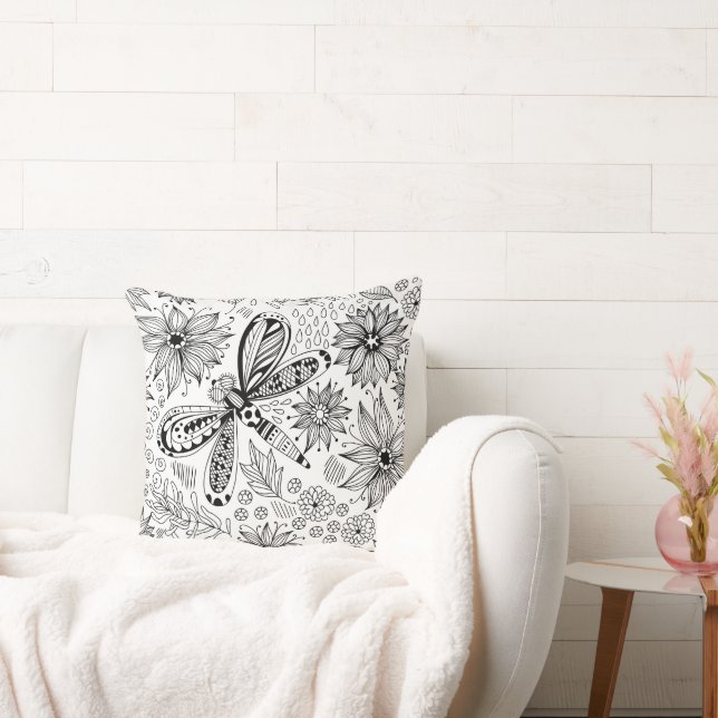 Cojín Decorativo Doodle de libélula y flores (Sofá)