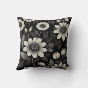 Cojín Decorativo Doodle ilustracion gráfico de flores negras y blan