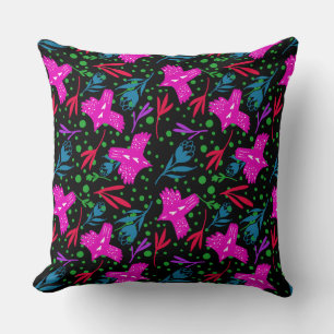 Cojín Decorativo Doodle pattern flowers, leaves birds black backgro