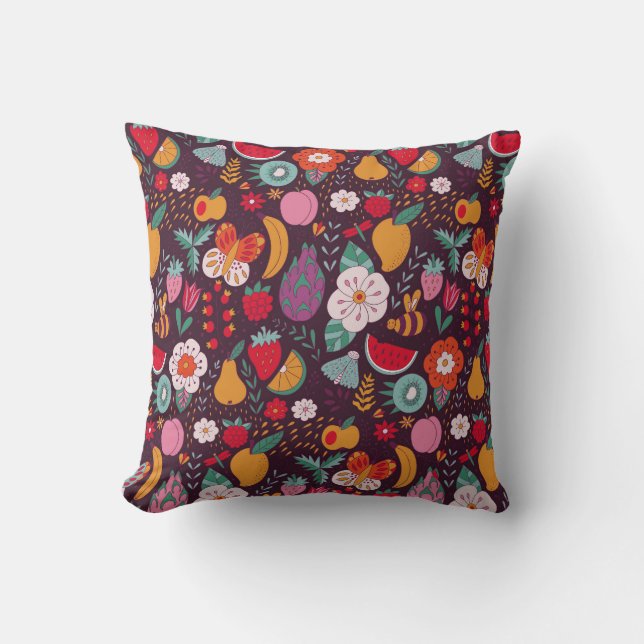 Cojín Decorativo Doodles de fruta, decoración estival hecha a mano. (Anverso)