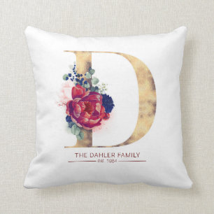Cojín Decorativo Dorado D Monograma Floral Borgoña Rojo y Azul de l
