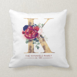 Cojín Decorativo Dorado K Monograma Borgoña Floral Rojo y Azul de l