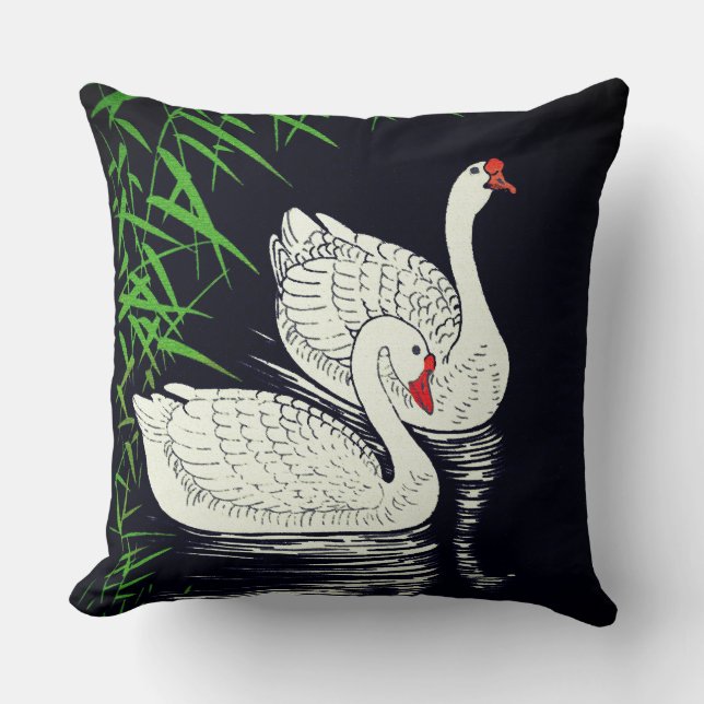 Cojín Decorativo Dos cisnes en una piscina - blanco sobre fondo neg (Anverso)