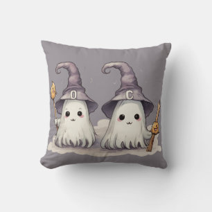 Cojín Decorativo Dos fantasmas súper lindos sombreros de brujas gri