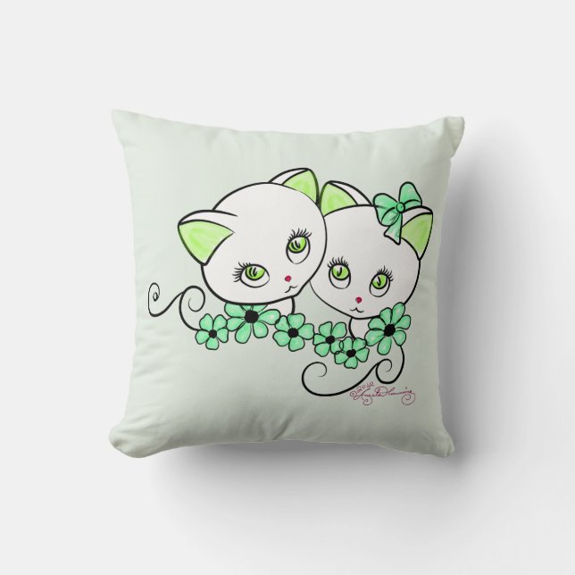 Cojín Decorativo Dos gatitos lindos con verde de las margaritas (Anverso)