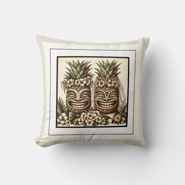 Cojín Decorativo Dos Grooms Gay Pineapple Tiki Head Retro Boda (Anverso)