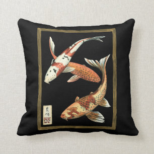 Cojín Decorativo Dos peces de colores japoneses Koi con fondo negro