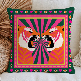 Cojín Decorativo Dos tigres rugiendo gato salvaje maximalista rosa
