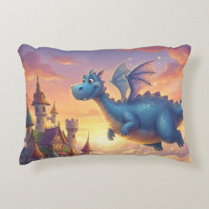 Cojín Decorativo Dragón Azul Adorable Volando Sobre Castillo