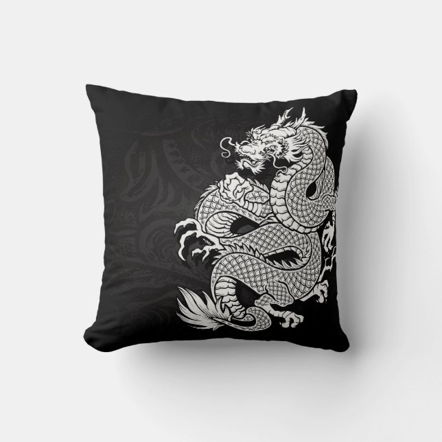 Cojín Decorativo Dragón chino blanco y negro (Anverso)