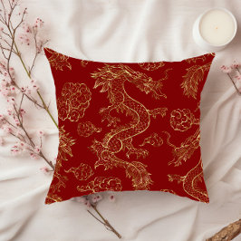 Cojín Decorativo Dragón Chino en Oro y Rojo Oscuro