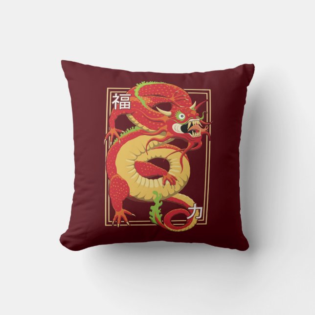 Cojín decorativo Dragón Chino Rojo (Anverso)