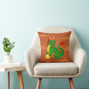 Cojín Decorativo Dragón Chino Verde sobre Rojo