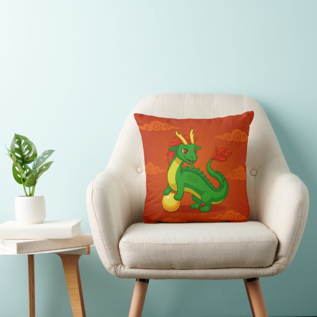 Cojín Decorativo Dragón Chino Verde sobre Rojo (Silla)