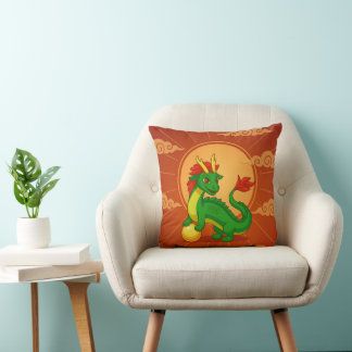 Cojín Decorativo Dragón Chino Verde sobre Rojo