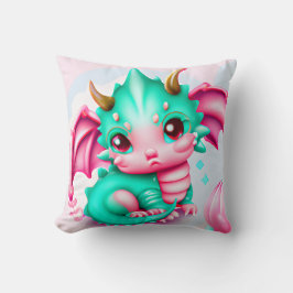 Cojín Decorativo Dragón de bebé Verde azulado y rosa de Kawaii