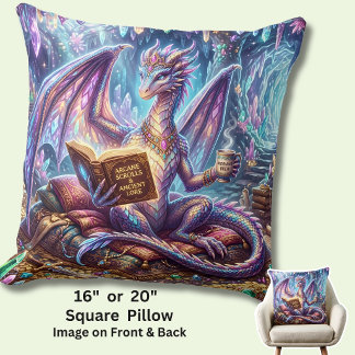 Cojín Decorativo Dragón de fantasía con libro y café