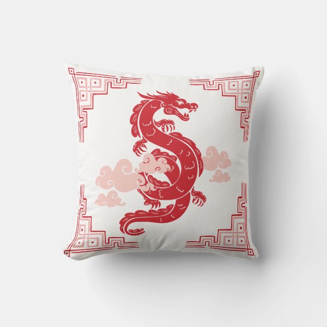 Cojín Decorativo Dragón de la Chinoiserie roja y nubes (Anverso)