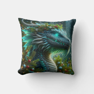 Cojín Decorativo Dragón de Navidades turquesa mágico