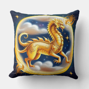 Cojín Decorativo Dragón Dorado en Cielo Cósmico