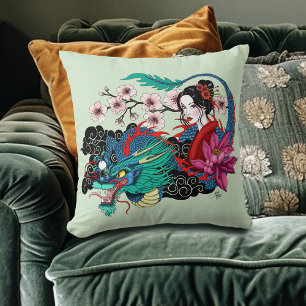 Cojín Decorativo Dragón Geisha Asiática Flor de Cerezo Azul