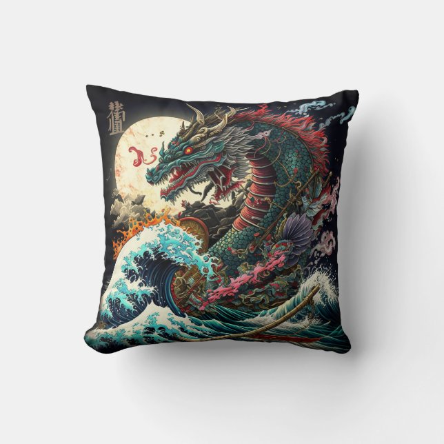 Cojín Decorativo Dragón japonés de gran noche (Anverso)