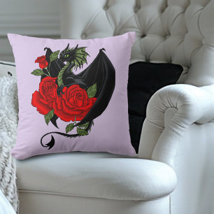 Cojín Decorativo Dragón Negro Místico Rosas Rojas Lavanda Gótico