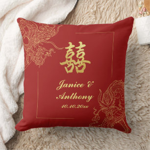 Cojín Decorativo Dragon Phoenix Boda Tradicional Chino Rojo
