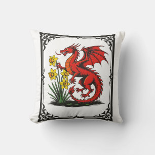 Cojín Decorativo Dragón Rojo y Narcisos con Borde Decorativo