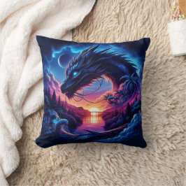 Cojín Decorativo Dragon Silhouetti contra una vibrante puesta de so