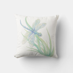 Cojín Decorativo Dragonfly de acuarela original en azul y verde