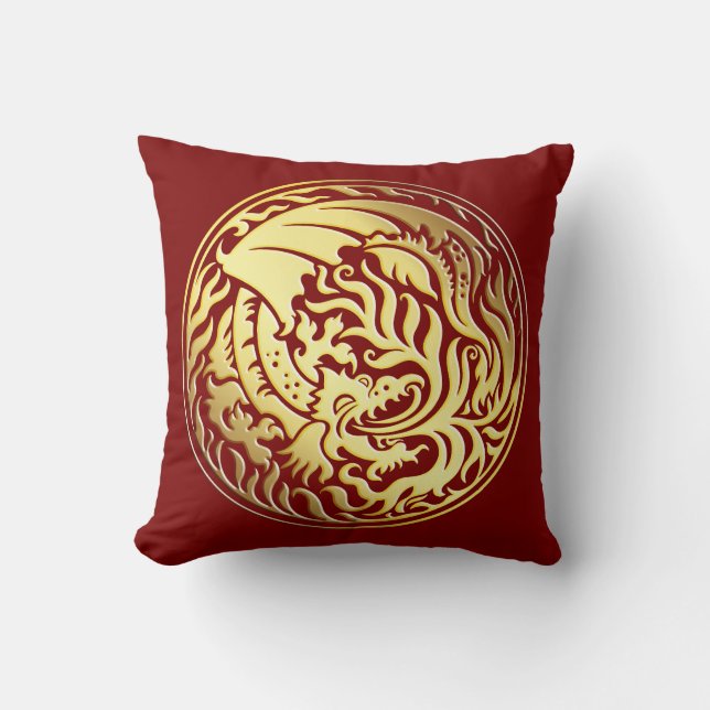 Cojín Decorativo Dragonround - Oro en rojo (Anverso)