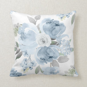 Cojín Decorativo Ducha de novia azul polvoriento acuarela floral