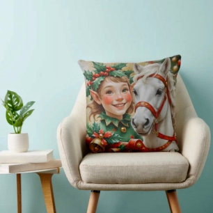 Cojín Decorativo Duende de Navidad Campanas Acebo y Caballo