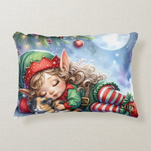 Cojín Decorativo Duende de Navidad durmiendo con gatito calico