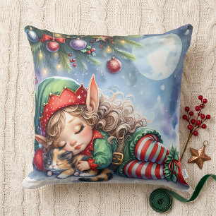 Cojín Decorativo Duende de Navidad durmiendo con gatito calico