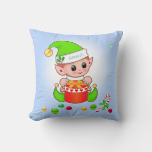 Cojín Decorativo Duende de Navidad verde y regalo de Navidad sobre